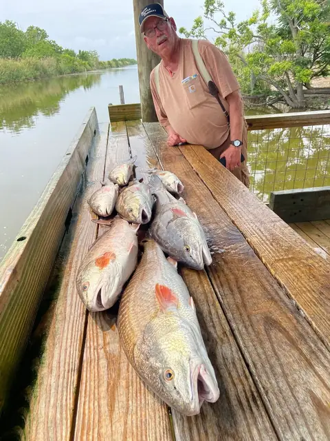 Angler leaning on the cleaning dock beside a catch of redfish in Venice, Louisiana